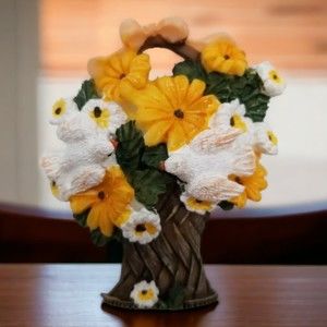 Ceramic Fridge Magnet Doves Basket Yellow White Daisy Flowers